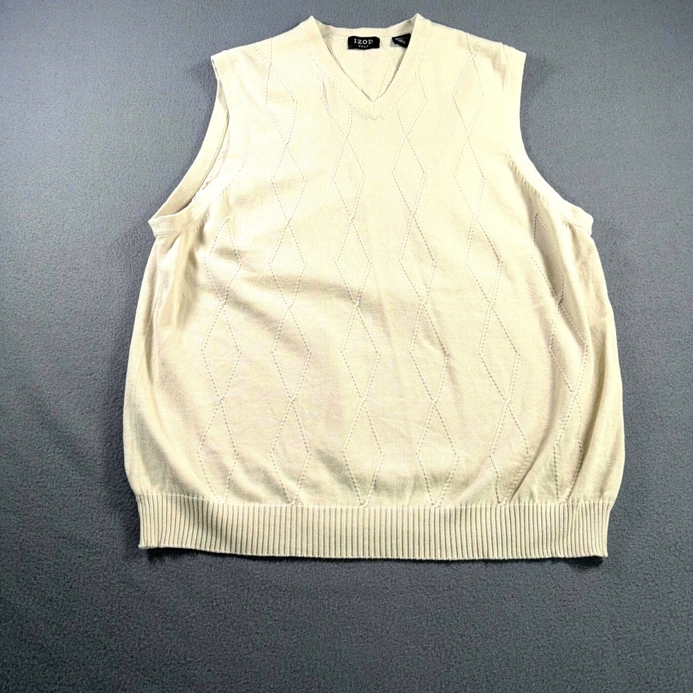 IZOD Golf Men's V-Neck Sweater Vest Size M Cream Textured Knit Classic Fit